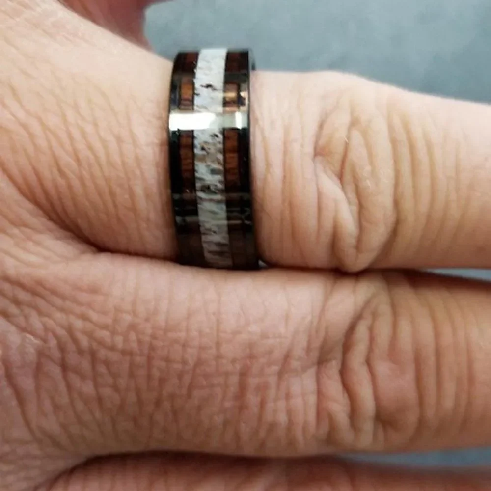 Personalized Engraved Men's Black Tungsten Wedding Ring Bone and Koa Wood